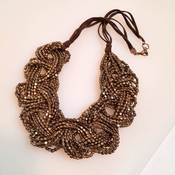Chunky Brass Brutalist Braided Seed Bead Primitive Necklace Collar Choker Boho - Picture 11 of 12